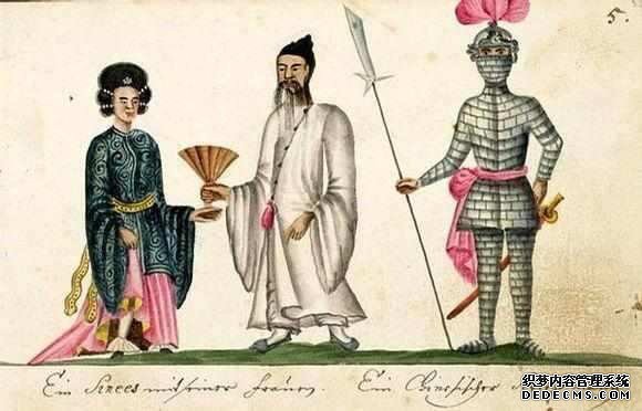 荷兰人绘画作品中的明朝人,右一为荷兰人描绘的“铁人军”