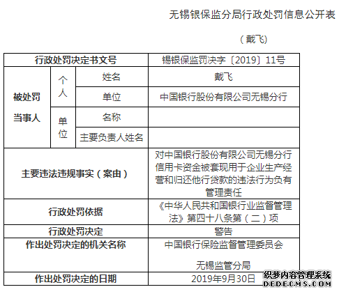 中国银行无锡分行违网页游戏私服发布网法罚60万 信用卡资金被套现挪用